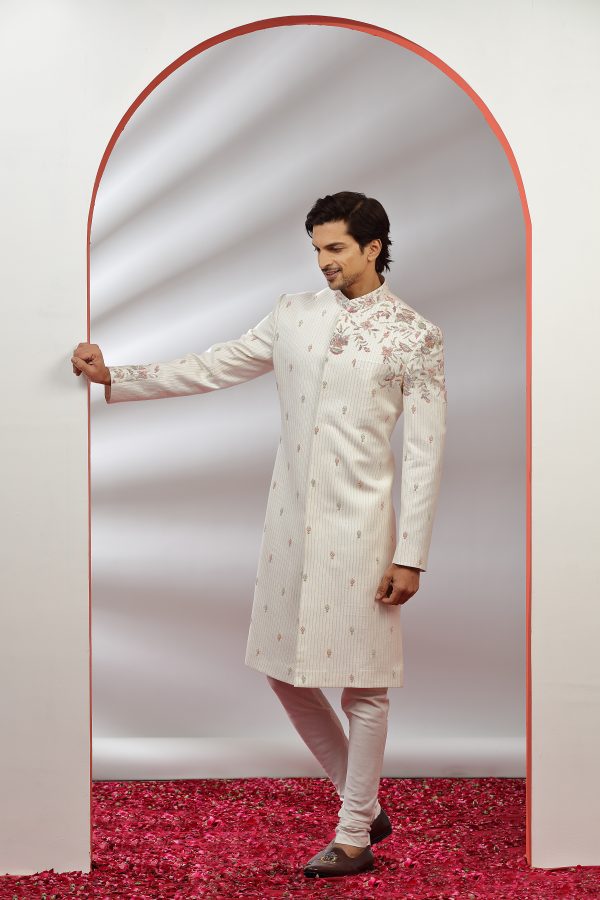 Off-White Hand Embroidered Sherwani Set - Image 4