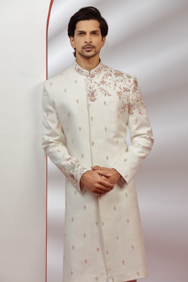 Off-White Hand Embroidered Sherwani Set - Image 3