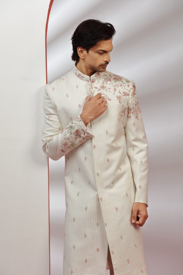 Off-White Hand Embroidered Sherwani Set - Image 2