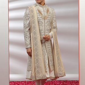 Off-White Hand Embroidered Sherwani Set - 3