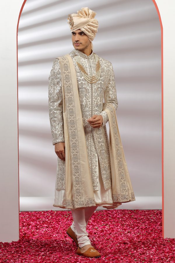 Off-White Hand Embroidered Sherwani Set - 3