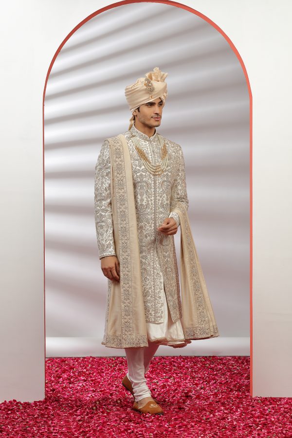 Off-White Hand Embroidered Sherwani Set - 3 - Image 3