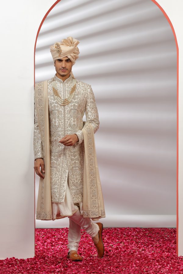 Off-White Hand Embroidered Sherwani Set - 3 - Image 2