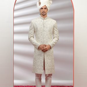 Beige Silk Hand Embroidered Sherwani Set