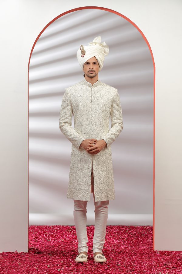 Beige Silk Hand Embroidered Sherwani Set