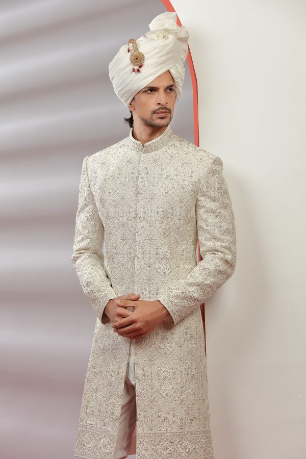 Beige Silk Hand Embroidered Sherwani Set - Image 2