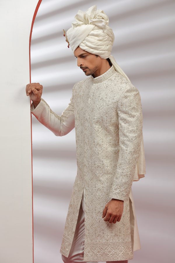 Beige Silk Hand Embroidered Sherwani Set - Image 3