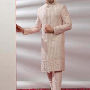 Peach Silk Hand Embroidered Sherwani Set