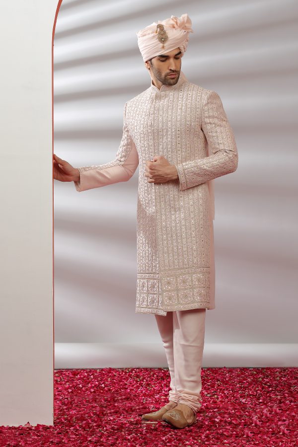 Peach Silk Hand Embroidered Sherwani Set