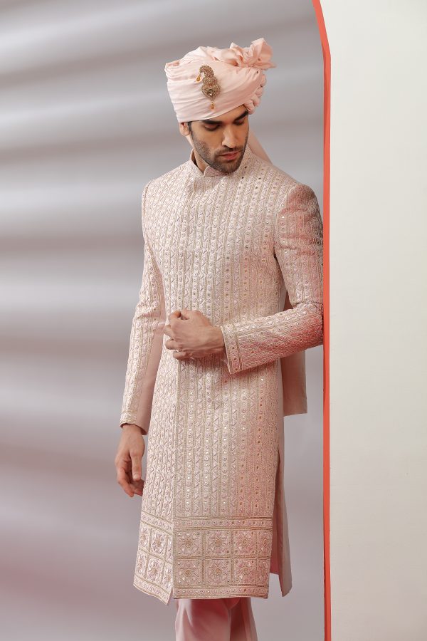 Peach Silk Hand Embroidered Sherwani Set - Image 3