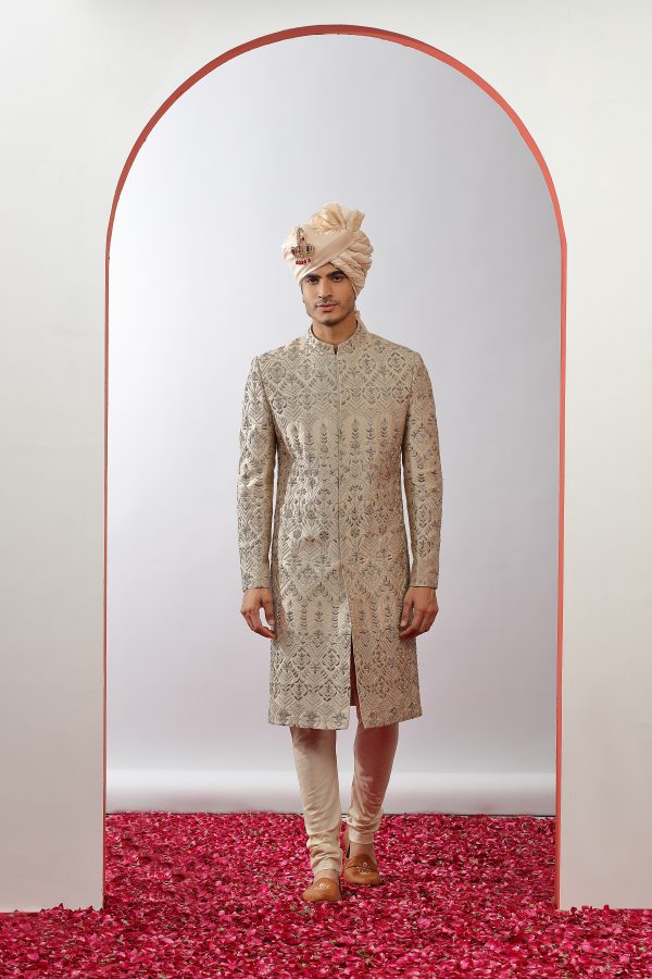 Taupe Silk Sherwani with Zardosi Work - Image 2