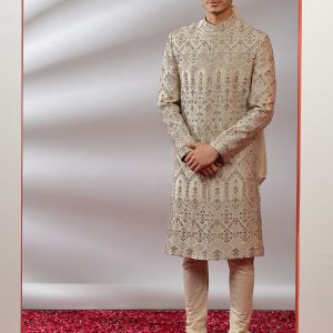 Taupe Silk Sherwani with Zardosi Work