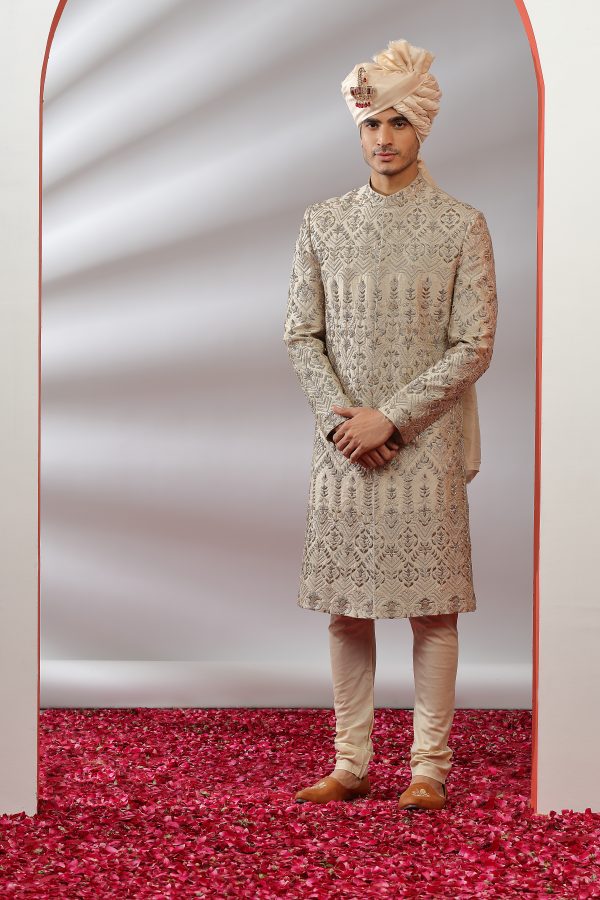 Taupe Silk Sherwani with Zardosi Work