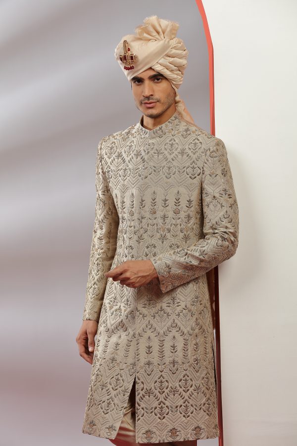 Taupe Silk Sherwani with Zardosi Work - Image 3