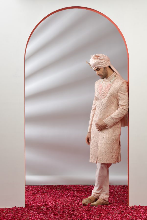 Light Pink Silk Handworked Sherwani - 2