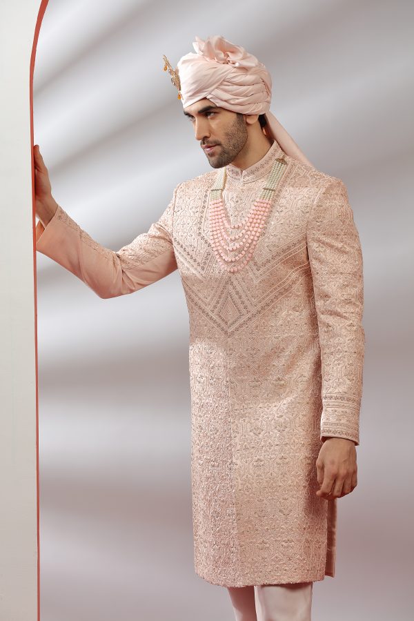 Light Pink Silk Handworked Sherwani - 2 - Image 2