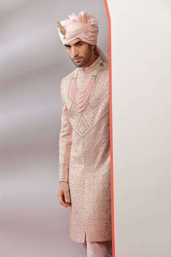 Light Pink Silk Handworked Sherwani - 2 - Image 3