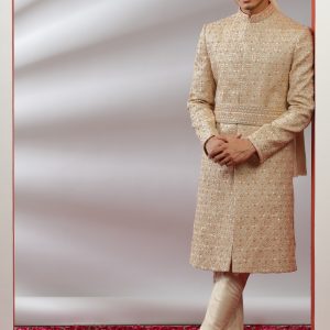 Beige Silk All Over Embroidered Sherwani