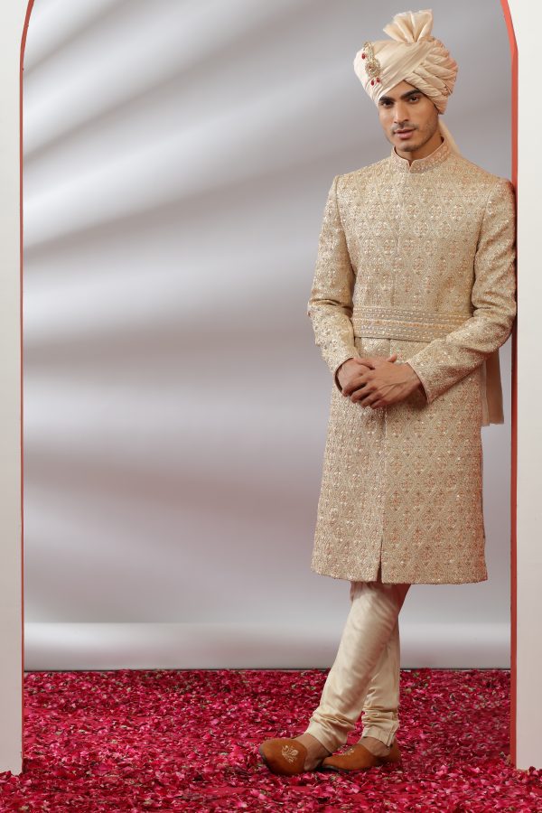 Beige Silk All Over Embroidered Sherwani