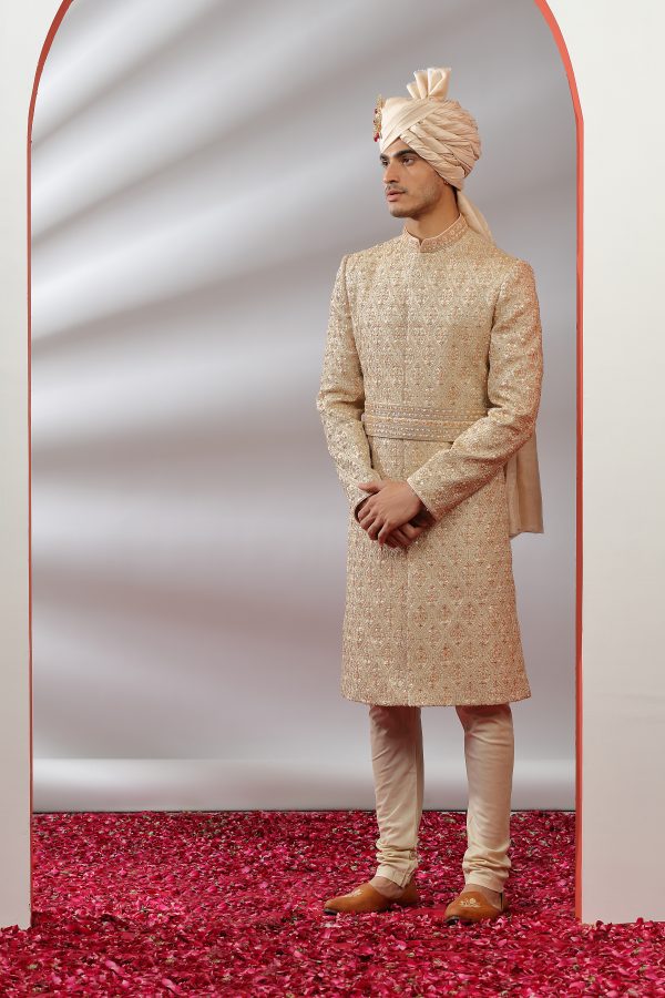 Beige Silk All Over Embroidered Sherwani - Image 2