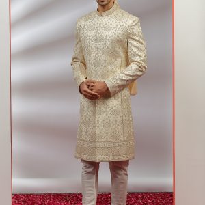 Cream Silk Heavy Worked Sherwani