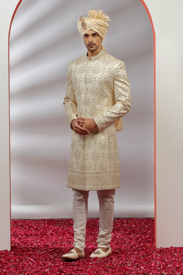 Cream Silk Heavy Worked Sherwani