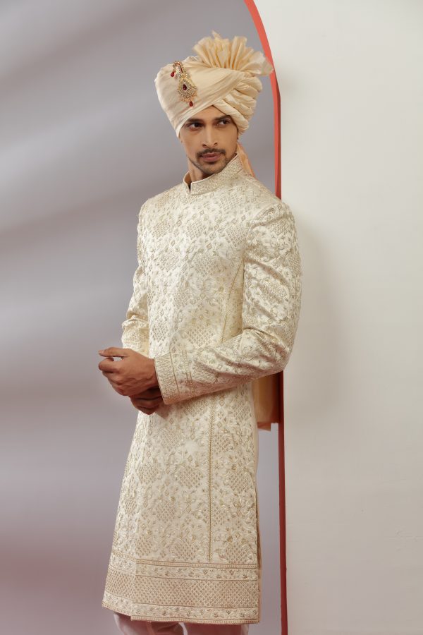 Cream Silk Heavy Worked Sherwani - Image 2