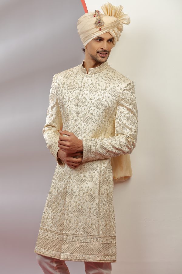 Cream Silk Heavy Worked Sherwani - Image 3