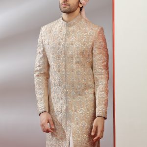 Peach Silk Resham Embroidered Sherwani