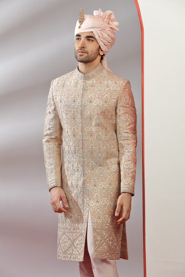 Peach Silk Resham Embroidered Sherwani