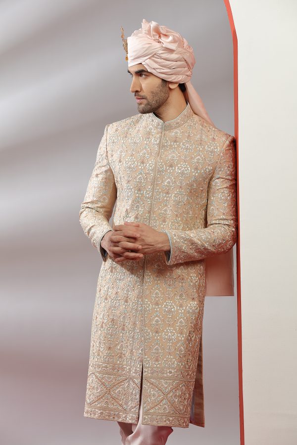 Peach Silk Resham Embroidered Sherwani - Image 3