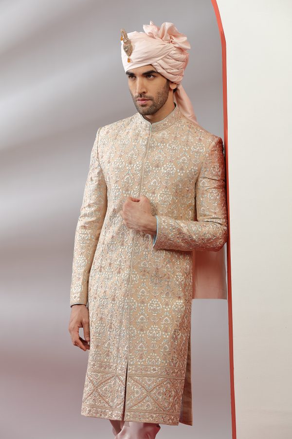 Peach Silk Resham Embroidered Sherwani - Image 2
