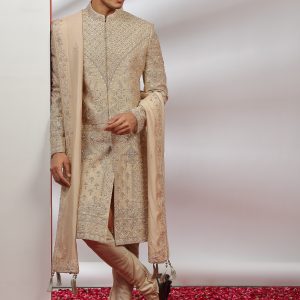 Golden Silk Hand Embroidered Sherwani Set