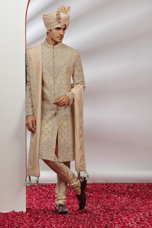 Golden Silk Hand Embroidered Sherwani Set