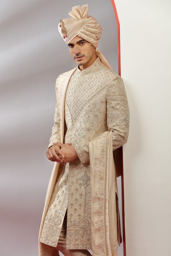 Golden Silk Hand Embroidered Sherwani Set - Image 2
