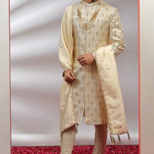 Cream Silk Heavy Worked Sherwani