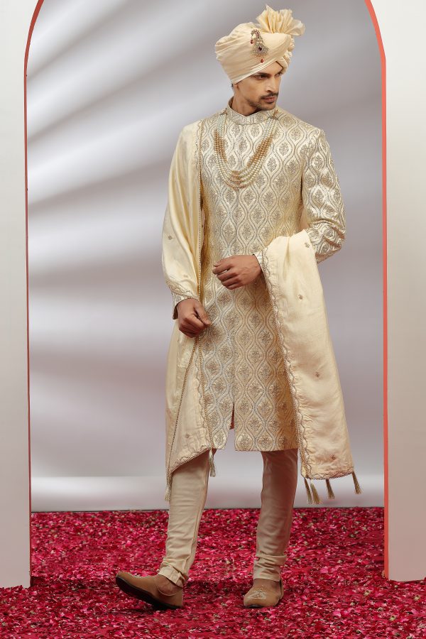 Cream Silk Heavy Worked Sherwani
