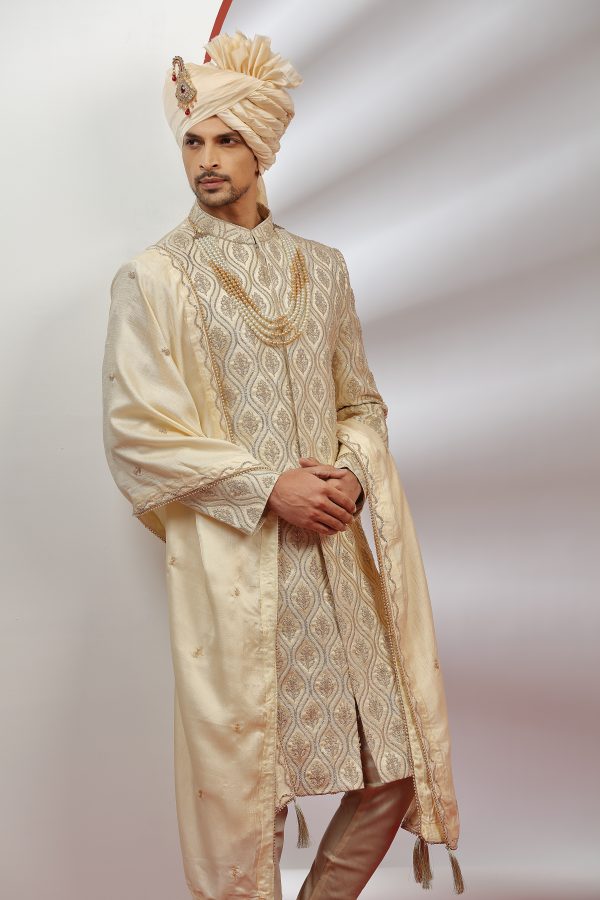 Cream Silk Heavy Worked Sherwani - Image 3