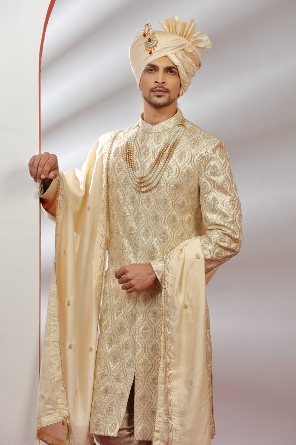 Cream Silk Heavy Worked Sherwani - Image 2