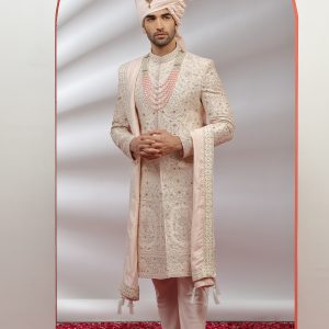 Light Pink Silk Sherwani with Handwork - 3