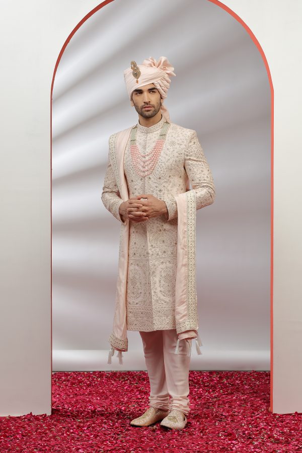 Light Pink Silk Sherwani with Handwork - 3