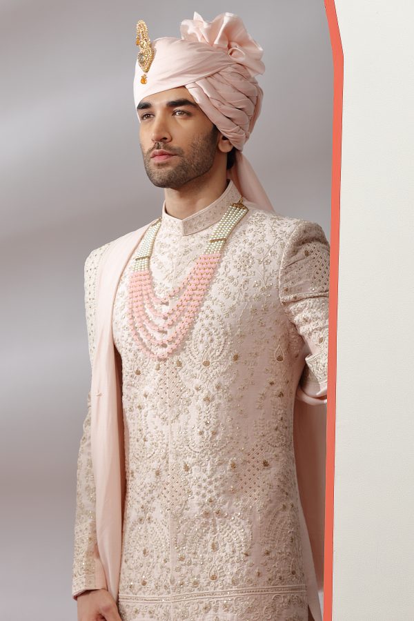Light Pink Silk Sherwani with Handwork - 3 - Image 2