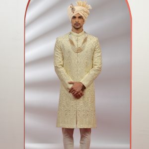 Pastel Yellow Hand Embroidered Sherwani Set