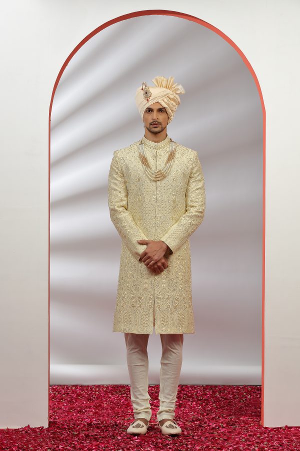 Pastel Yellow Hand Embroidered Sherwani Set