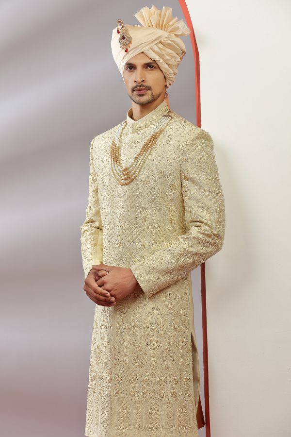 Pastel Yellow Hand Embroidered Sherwani Set - Image 2