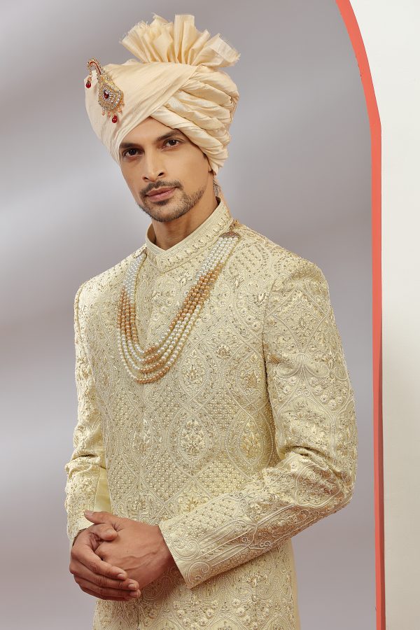 Pastel Yellow Hand Embroidered Sherwani Set - Image 3