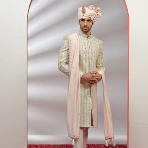 Cream Hand Embroidered Sherwani Set