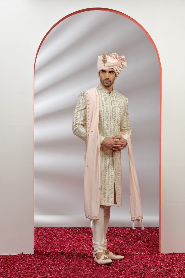 Cream Hand Embroidered Sherwani Set