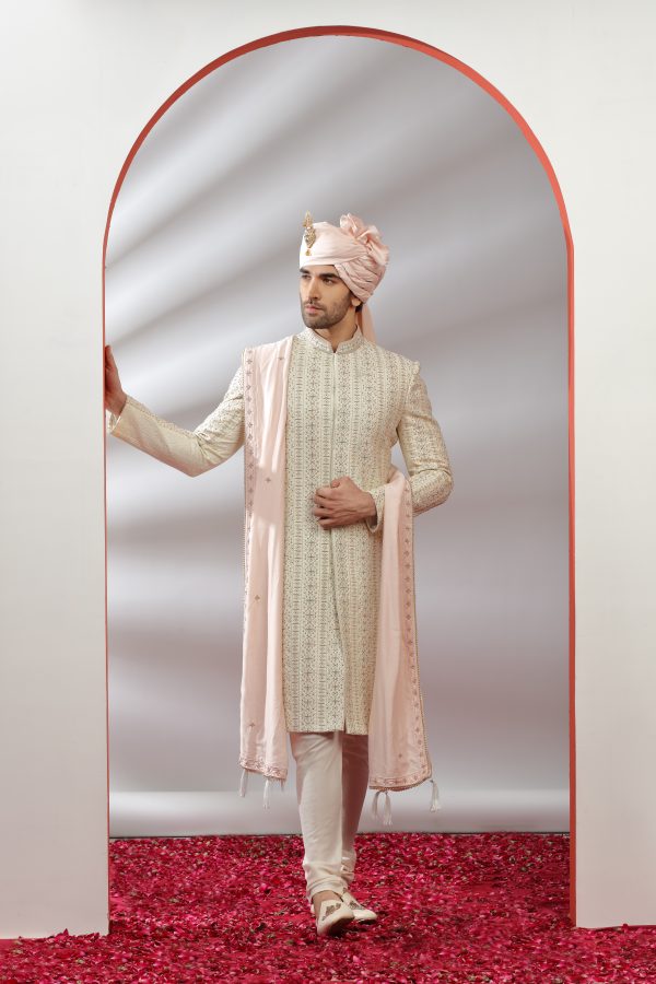Cream Hand Embroidered Sherwani Set - Image 3