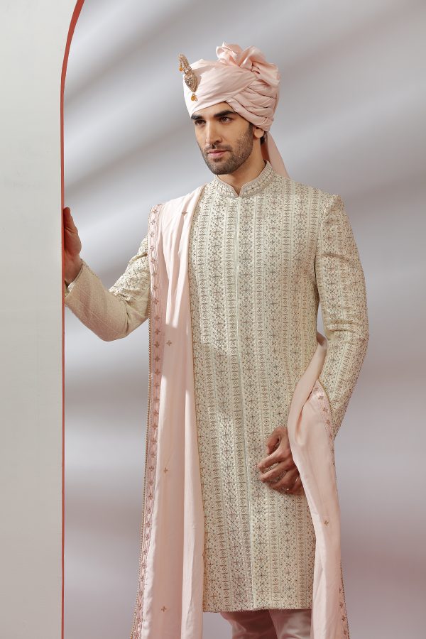 Cream Hand Embroidered Sherwani Set - Image 2